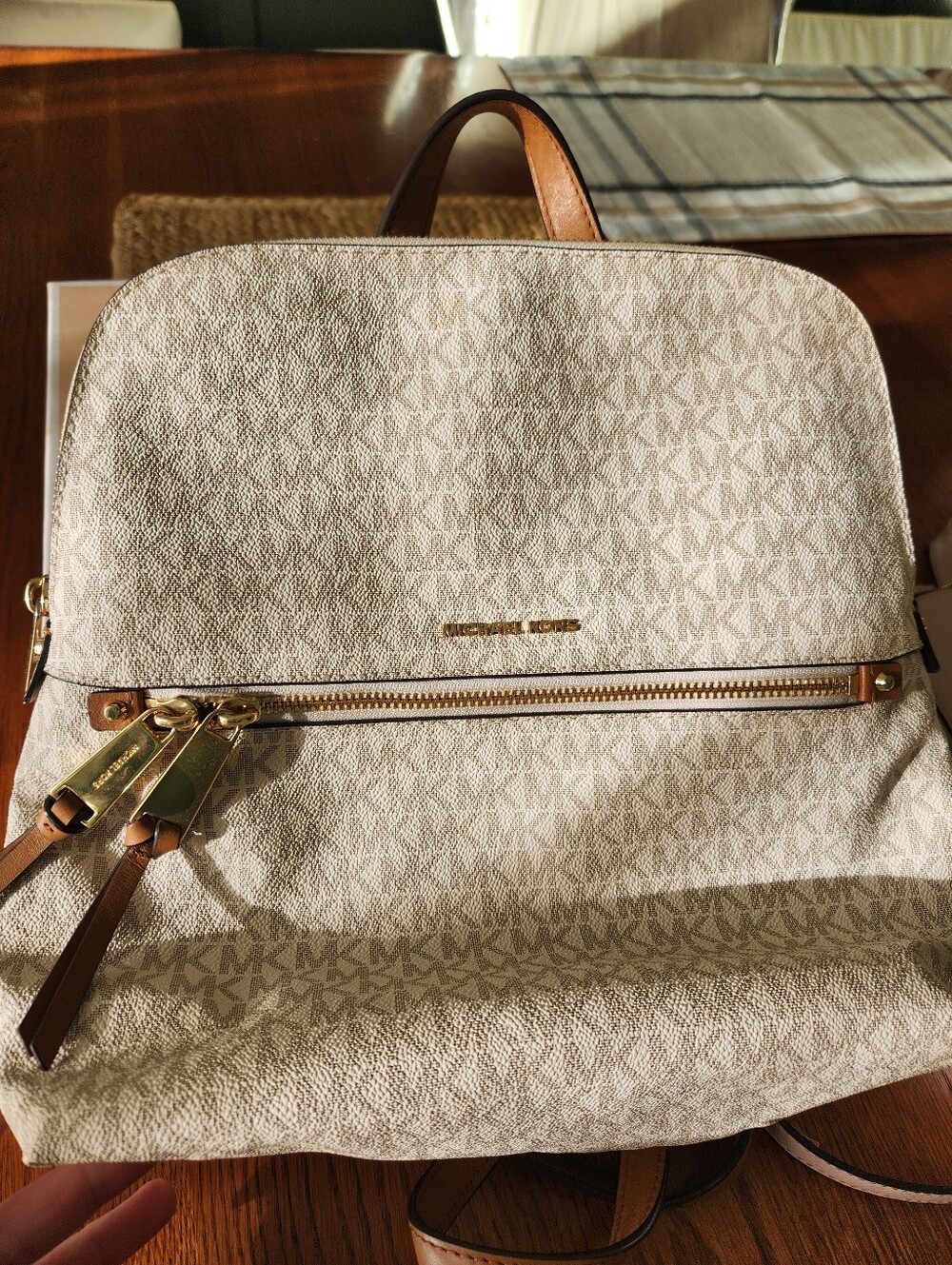 Michael Kors Cream Logo Backpack with Tan Leather Trim